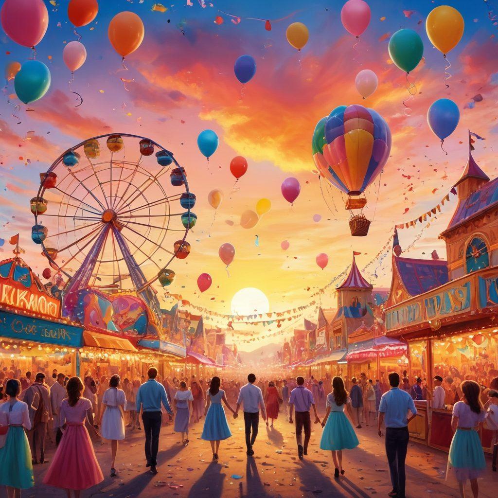 A whimsical scene depicting a colorful carnival filled with laughter and joy, showcasing playful characters engaging in comedic antics, surrounded by balloons and confetti. The backdrop features a vibrant sunset sky, with a hint of surrealism added through exaggerated facial expressions and cartoonish elements. Bright pastel colors enhance the overall lighthearted mood. cartoon style. vibrant colors. cheerful atmosphere.