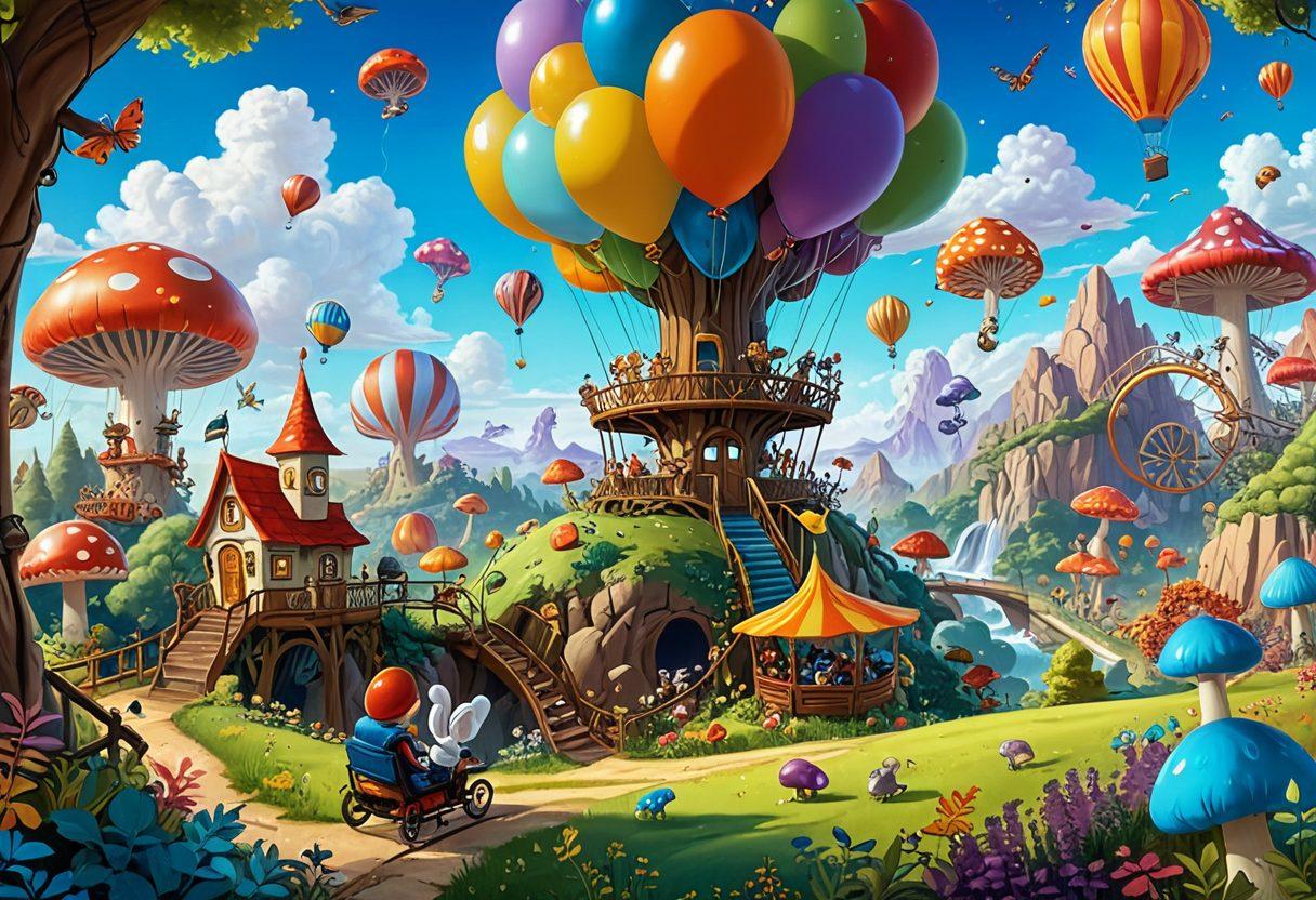 A colorful, whimsical landscape filled with quirky creatures engaging in playful activities. In the foreground, a character reading a giant book filled with humorous illustrations. A rollercoaster of laughter weaves through lush, vibrant trees, and balloons float in the sky. Cartoon-style, fantastical elements like oversized mushrooms and talking animals enhance the scene. super-realistic. vibrant colors. playful art style.