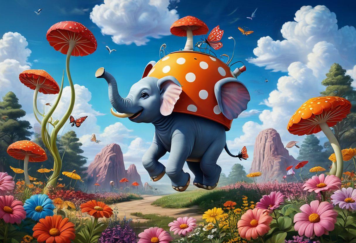 A whimsical landscape filled with quirky characters engaged in hilarious antics, such as a dancing elephant in a polka dot tutu, a flying toaster with wings, and a giant mushroom that doubles as a teapot. Colorful, swirling clouds add a surreal touch, with oversized flowers and playful critters peeking from behind them, creating a sense of joyful chaos. The scene feels inviting and chaotic, perfect for sparking laughter and imagination. vibrant colors. cartoon style. super-realistic details.